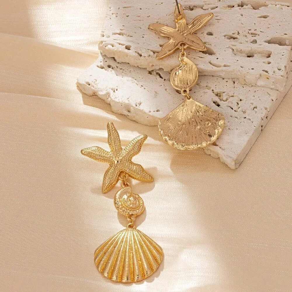 Gold Casual Women's Starfish & Shell Dangle Earrings
